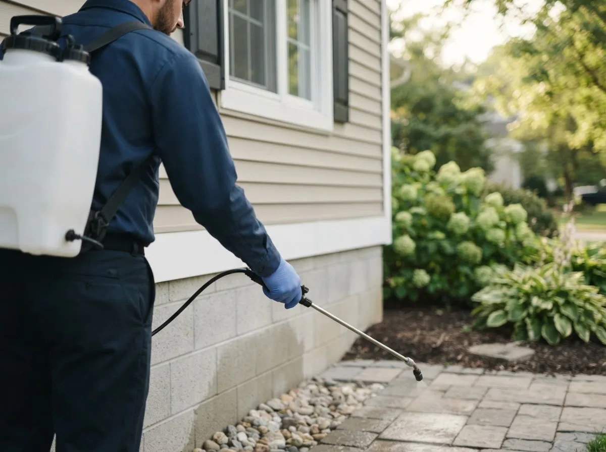 Pest control technician inspecting a home in Eben Junction, MI